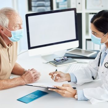 Elderly,Man,,Face,Mask,And,Doctor,In,Office,For,Results,